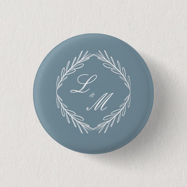 Monogram Script Branch Dusty Blue Wedding 3 Cm Round Badge (Front)