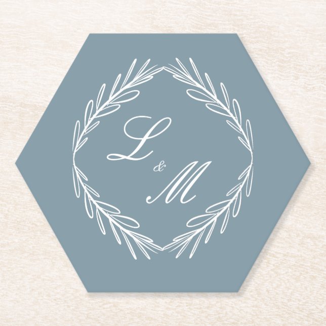 Monogram Script Branch Dusty Blue Wedding Paper Coaster (Front)