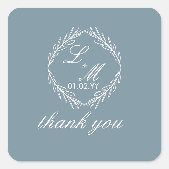 Monogram Script Branch Dusty Blue Wedding  Square Sticker (Front)