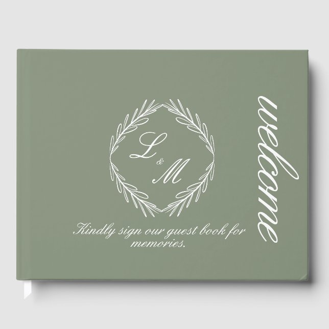 Monogram Script Branch Sage Green Wedding  Guest Book (Front)
