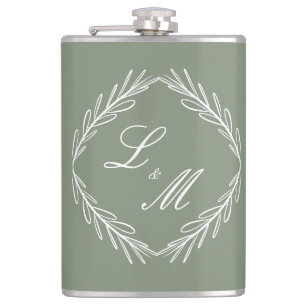 Monogram Script Branch Sage Green Wedding Hip Flask