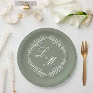 Monogram Script Branch Sage Green Wedding   Paper Plate
