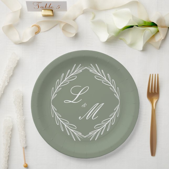 Monogram Script Branch Sage Green Wedding   Paper Plate (Wedding)