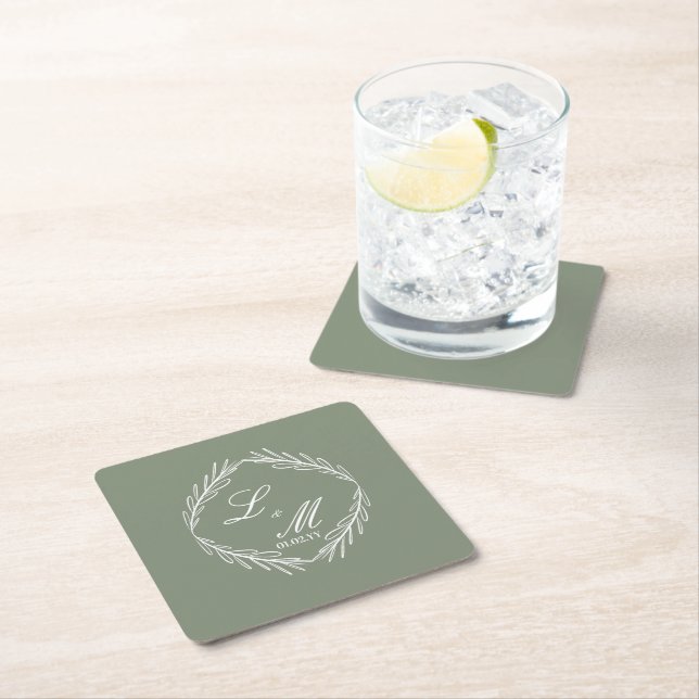 Monogram Script Branch Sage Green Wedding    Square Paper Coaster (Insitu)