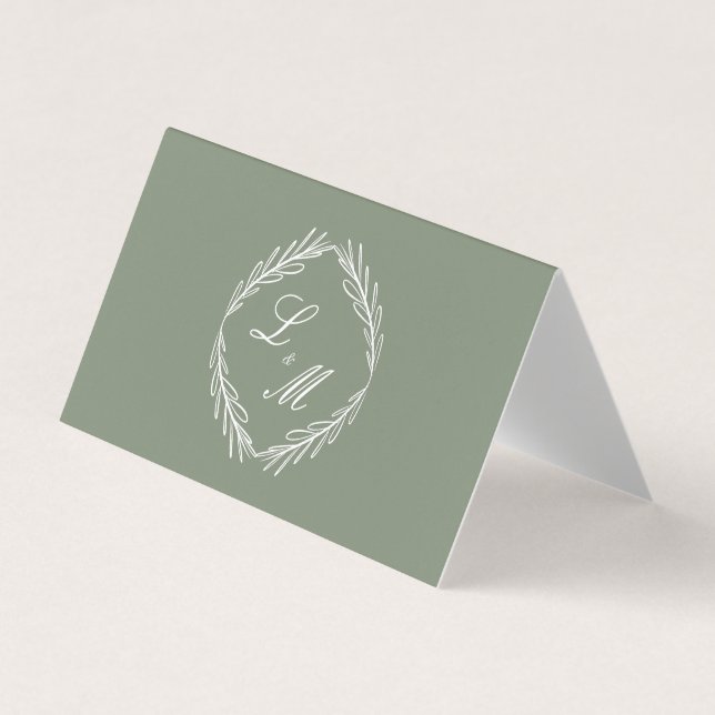 Monogram Script Branch Sage Green Wedding Table Business Card (Front)