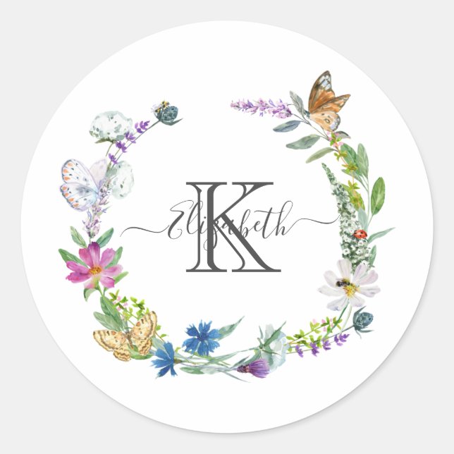 Monogram Script Calligraphy Butterflies Flowers  Classic Round Sticker (Front)