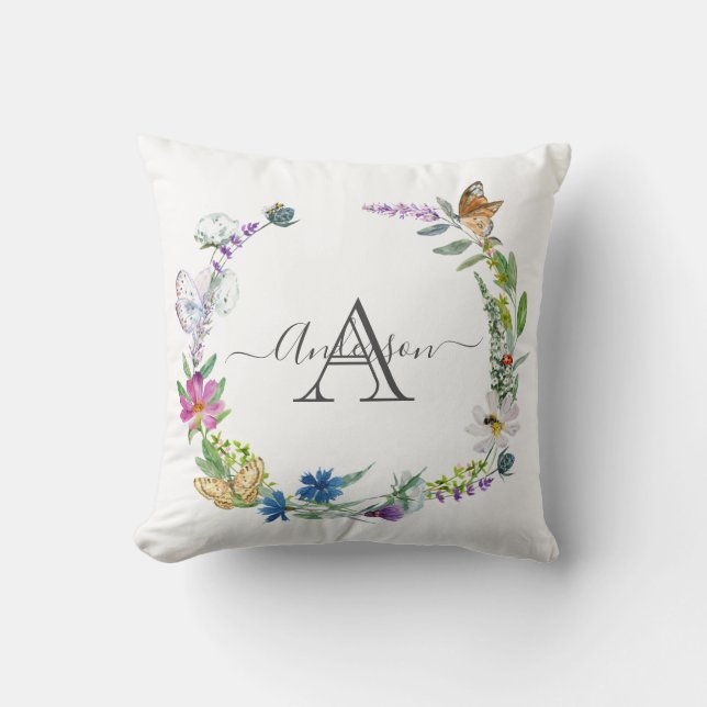 Monogram Script Calligraphy Butterflies Flowers Cushion (Front)