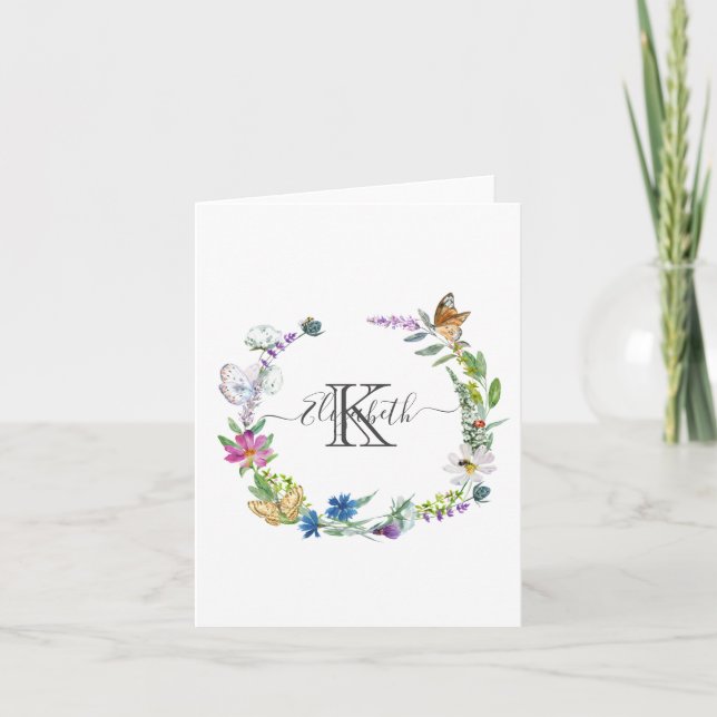 Monogram Script Calligraphy Butterflies Flowers  N Note Card (Front)