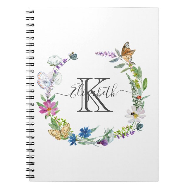 Monogram Script Calligraphy Butterflies Flowers Notebook (Front)