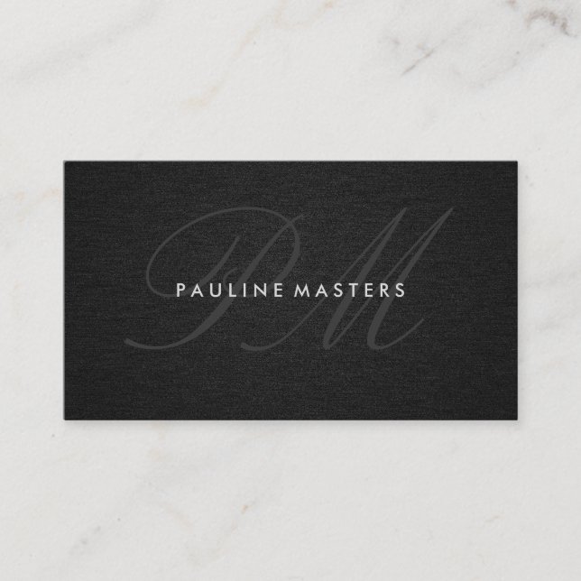 Monogram Script Corporate Minimal Black Linen Business Card (Front)
