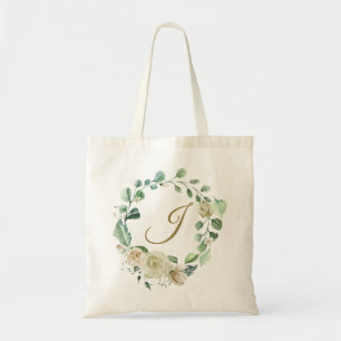 Monogram script  Cream Rose Wedding Floral Wreath Tote Bag