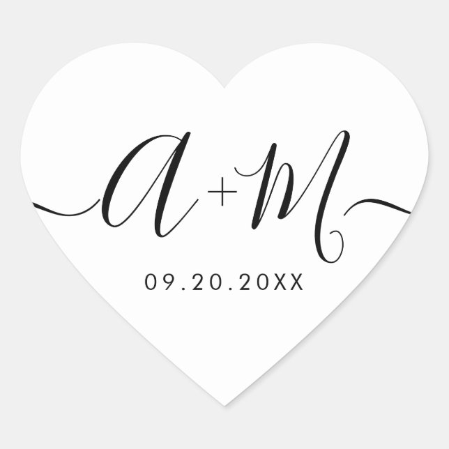 Monogram Script Custom Wedding date Heart Sticker (Front)