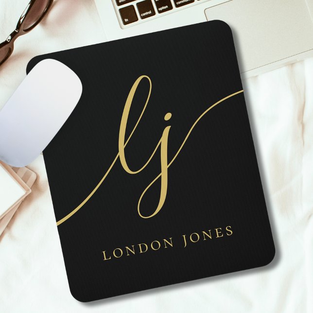 Monogram Script Elegant Feminine Black Gold Custom Mouse Pad (Creator Uploaded)