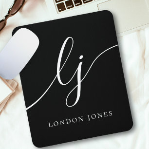 Monogram Script Elegant Feminine Black White Mouse Pad