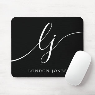 Monogram Script Elegant Feminine Chic Black Mouse Pad