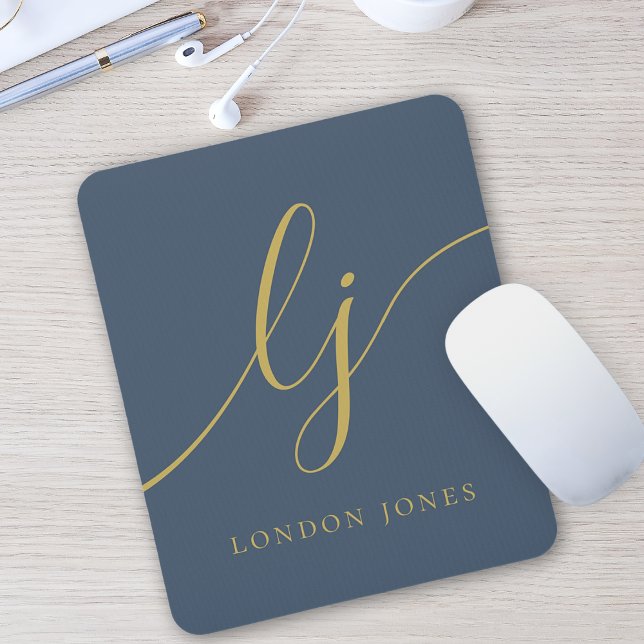 Monogram Script Elegant Feminine Navy Blue Gold Mouse Pad (Creator Uploaded)
