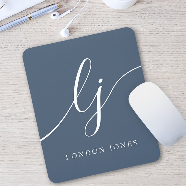 Monogram Script Elegant Feminine Navy Blue Mouse Pad (Creator Uploaded)