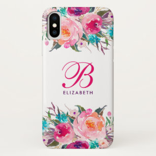 Monogram Script Elegant Pink Floral Watercolor Case-Mate iPhone Case