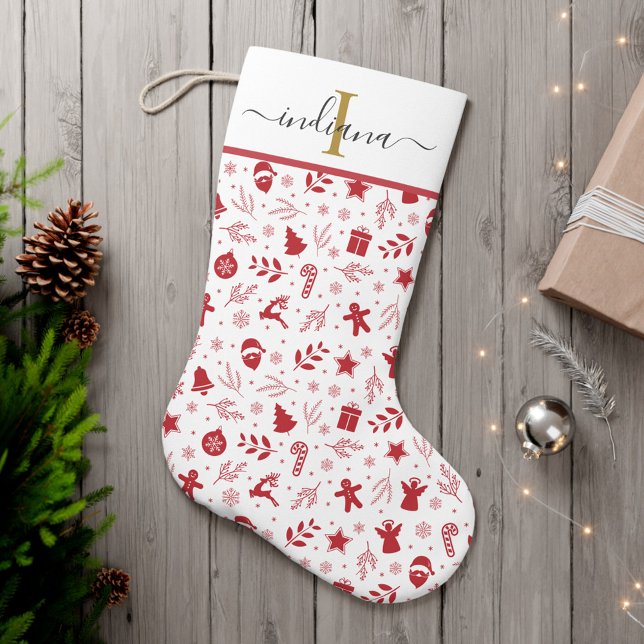 Monogram Script Festive Holidays Large Christmas Stocking (Christmas Elements Monogram Pattern Stocking)
