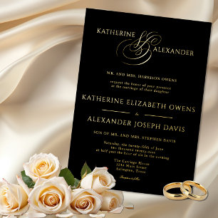 Monogram Script Gold Black Wedding Foil Invitation