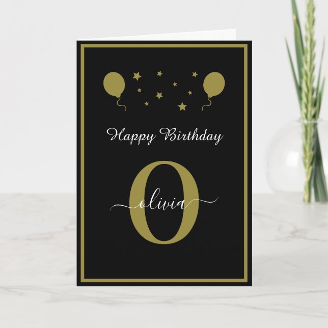 Monogram Script Happy Birthday Black White Gold Card (Front)