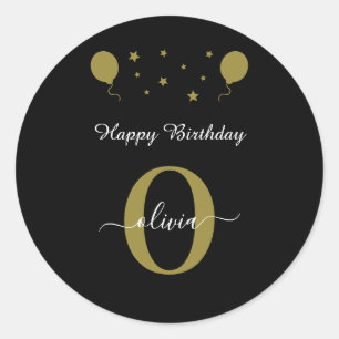 Monogram Script Happy Birthday Black White Gold Classic Round Sticker