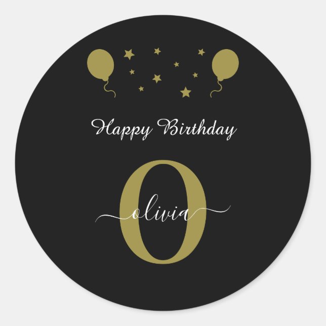 Monogram Script Happy Birthday Black White Gold Classic Round Sticker (Front)