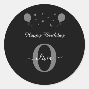 Monogram Script Happy Birthday Black White Grey Classic Round Sticker