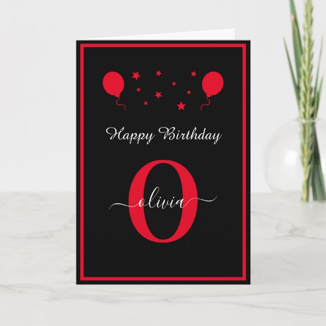 Monogram Script Happy Birthday Black White Red Card (Front)