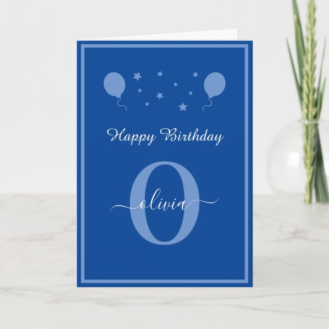 Monogram Script Happy Birthday Blue And White Card (Front)