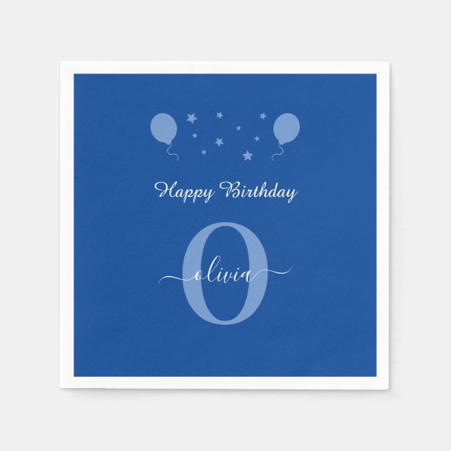 Monogram Script Happy Birthday Blue And White Napkin (Front)