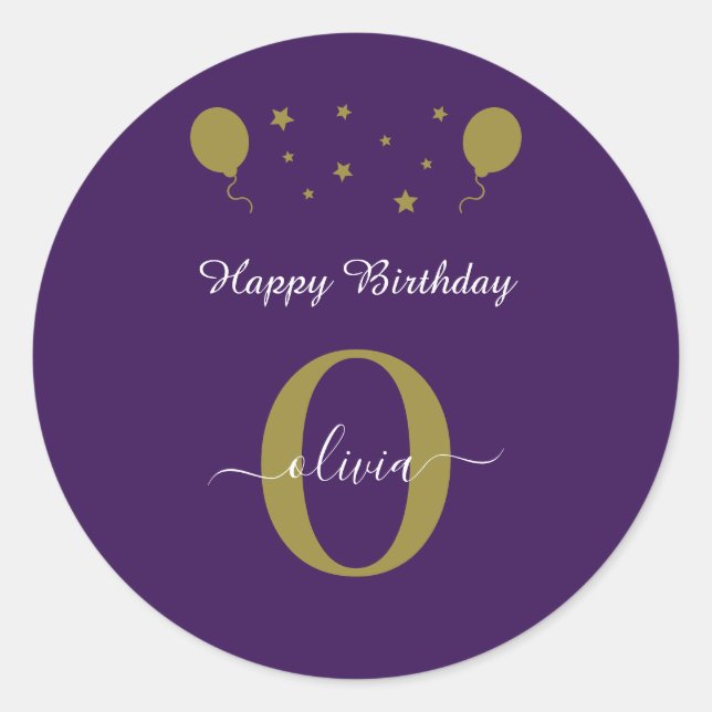 Monogram Script Happy Birthday Purple White Gold Classic Round Sticker (Front)