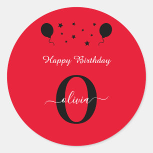 Monogram Script Happy Birthday Red Black White Classic Round Sticker