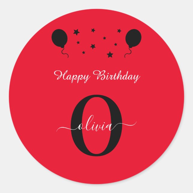 Monogram Script Happy Birthday Red Black White Classic Round Sticker (Front)