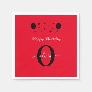 Monogram Script Happy Birthday Red Black White Napkin
