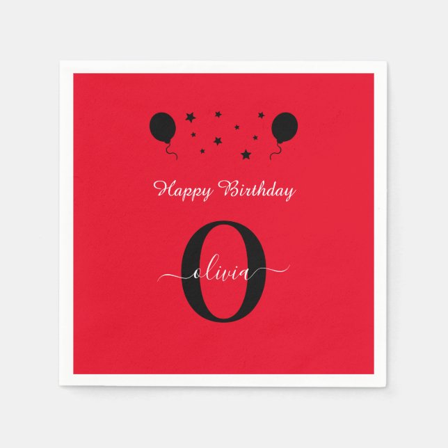 Monogram Script Happy Birthday Red Black White Napkin (Front)