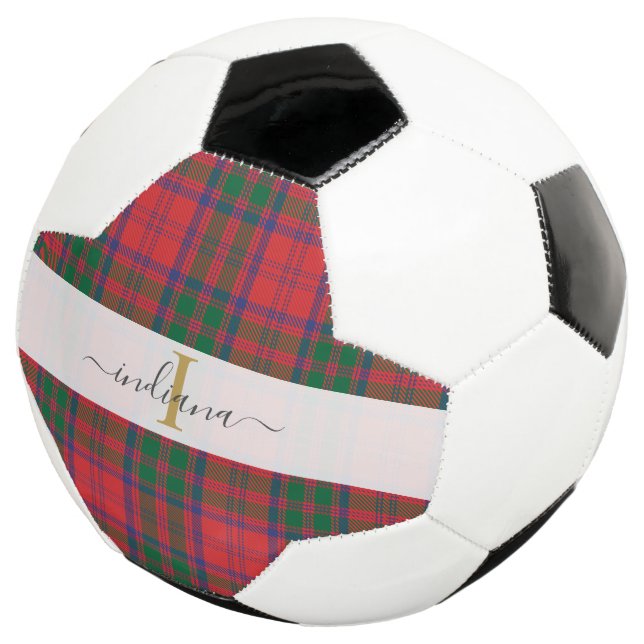 Monogram Script Initial Green Red Plaid Tartan Soccer Ball (Three Quarter)