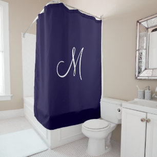 Monogram Script Initial Navy Blue White Minimal Shower Curtain
