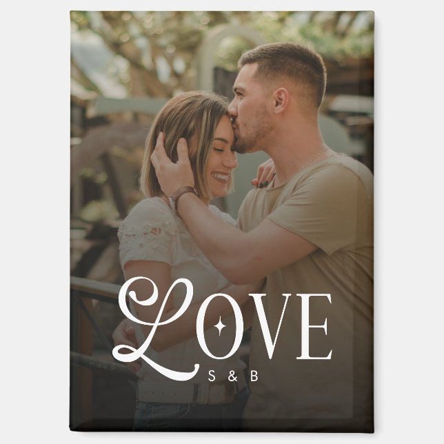 Monogram Script Love Custom Engaged Couples Photo Magnet (Front)