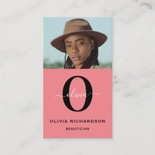 Monogram Script Name Black White Pink Job Vertical Business Card