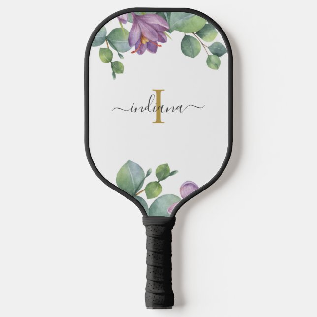 Monogram Script Name Eucalyptus Greenery Purple Pickleball Paddle (Front)