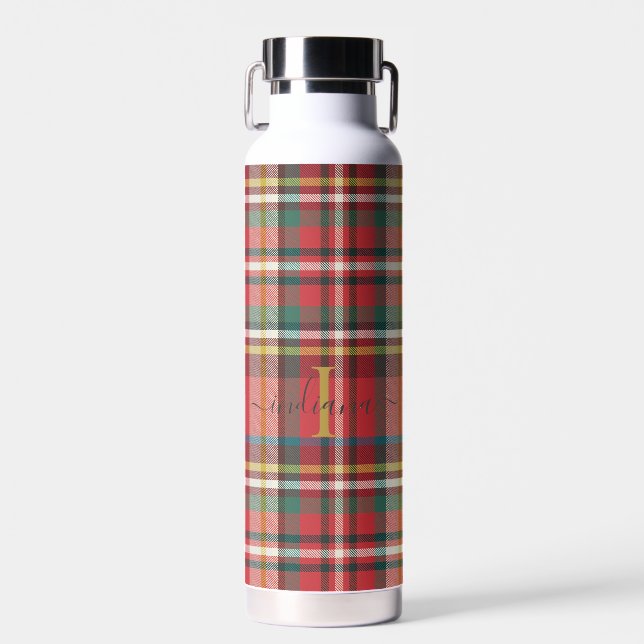 Monogram Script Name Initial Red Plaid Water Bottle (Front)