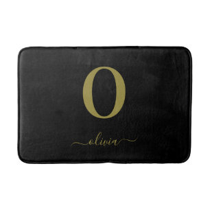 Monogram Script Name Personalised Black And Gold Bath Mat