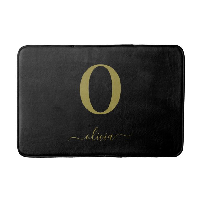 Monogram Script Name Personalised Black And Gold Bath Mat (Front)