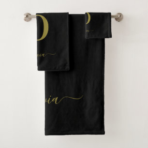 Monogram Script Name Personalised Black And Gold Bath Towel Set