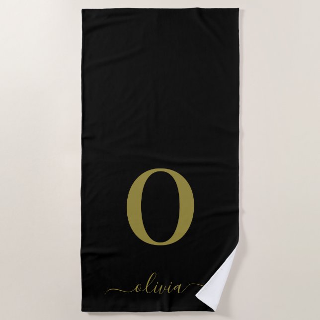 Monogram Script Name Personalised Black And Gold Beach Towel (Front)
