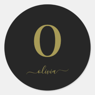 Monogram Script Name Personalised Black And Gold Classic Round Sticker