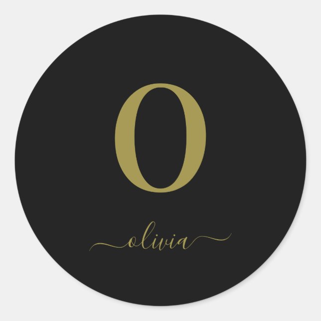 Monogram Script Name Personalised Black And Gold Classic Round Sticker (Front)