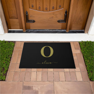 Monogram Script Name Personalised Black And Gold Doormat