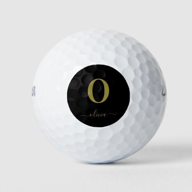 Monogram Script Name Personalised Black And Gold Golf Balls (Front)
